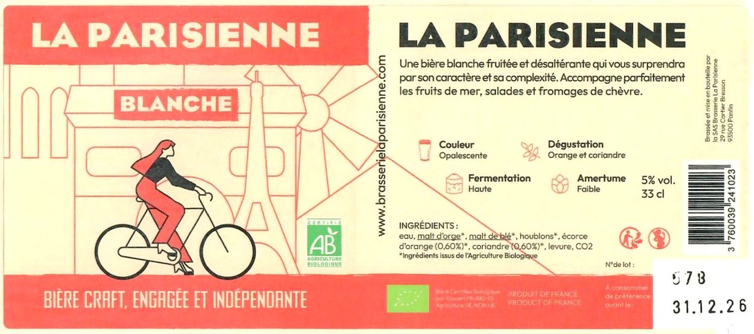 Etiquette BRASSERIE LA PARISIENNE 69