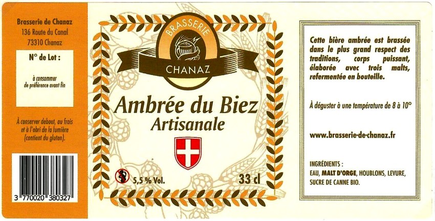 Etiquette BRASSERIE DE CHANAZ 20