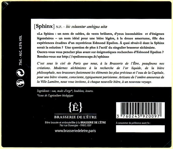 Etiquette BRASSERIE DE L'ETRE 15B