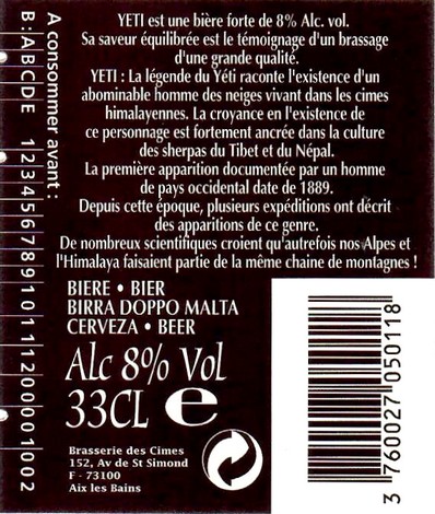 Etiquette BRASSERIE DES CIMES 06B