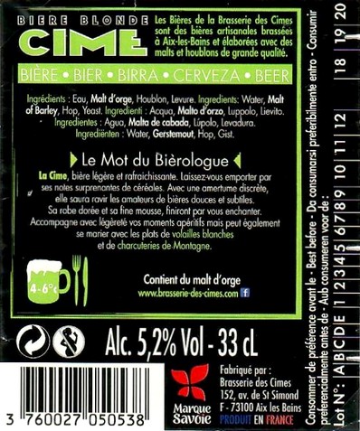 Etiquette BRASSERIE DES CIMES 39B