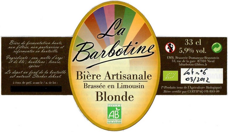 Etiquette BRASSERIE DUMAZEAU 01