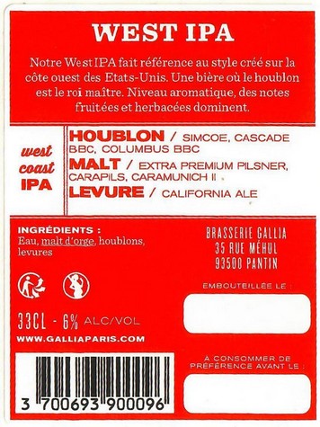 Etiquette BRASSERIE GALLIA 100B