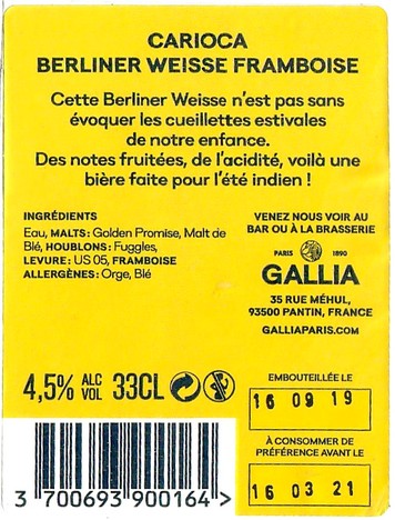 Etiquette BRASSERIE GALLIA 133B