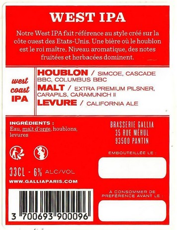 Etiquette BRASSERIE GALLIA 96B