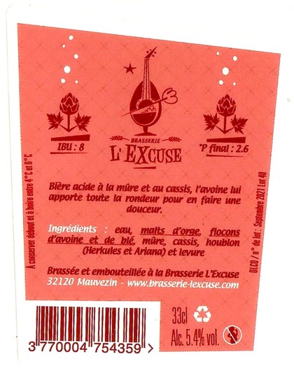 Etiquette BRASSERIE L'EXCUSE 19B