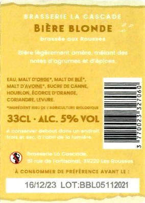 Etiquette BRASSERIE LA CASCADE 01B