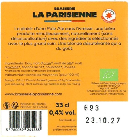 Etiquette BRASSERIE LA PARISIENNE 76B