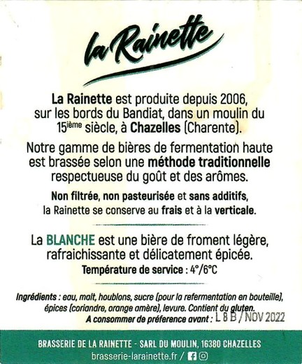 Etiquette BRASSERIE DE LA RAINETTE 16B
