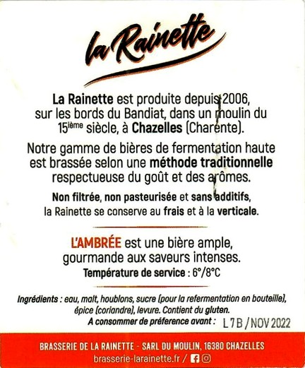 Etiquette BRASSERIE DE LA RAINETTE 17B