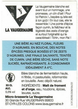 Etiquette BRASSERIE LA VAUGERMAINE 04B