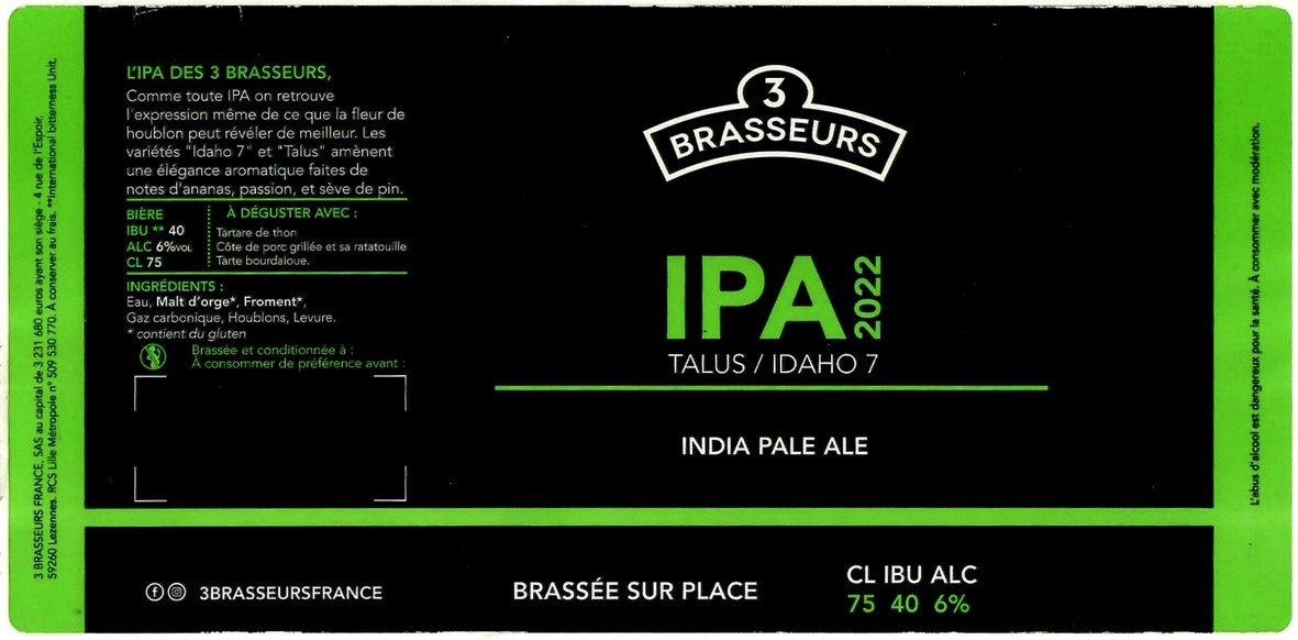 Etiquette BRASSERIE LES 3 BRASSEURS LILLE 140