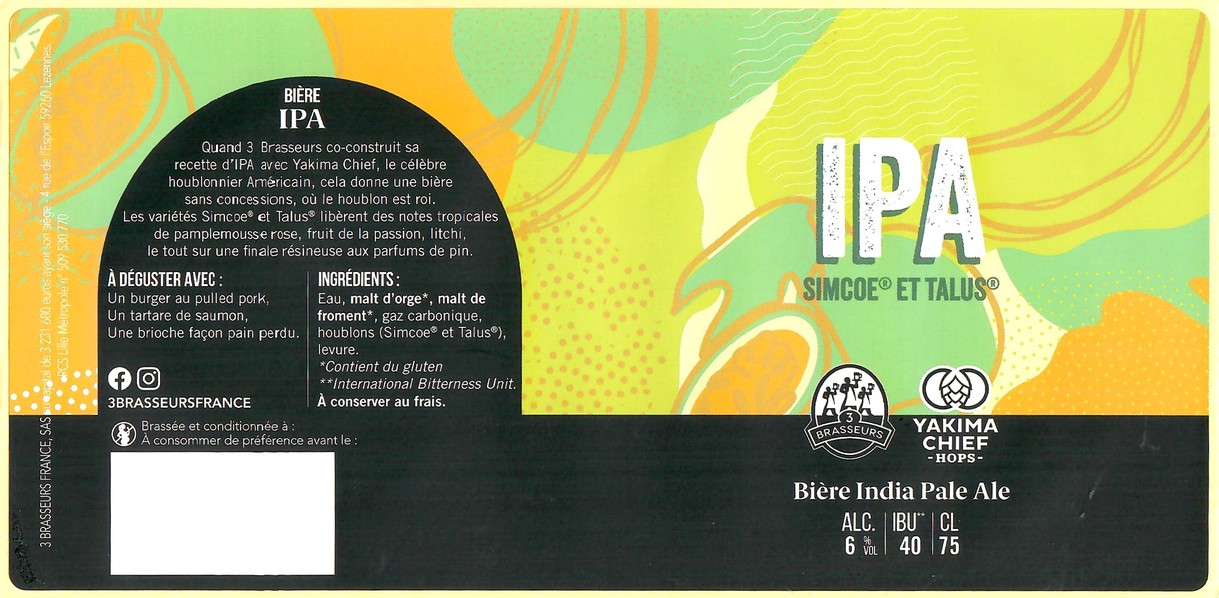 Etiquette BRASSERIE LES 3 BRASSEURS LILLE 188