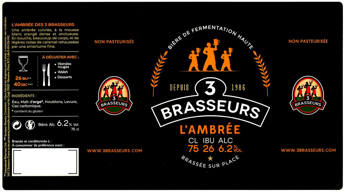 etiquette BRASSERIE LES 3 BRASSEURS LILLE 97