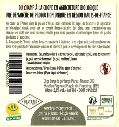 Etiquette BRASSERIE PAYSANNE DE L'ARTOIS 12B