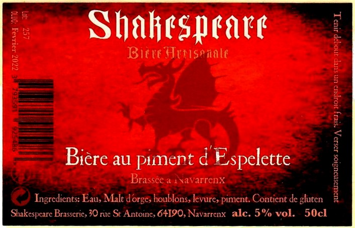 etiquette BRASSERIE SHAKESPEARE 30